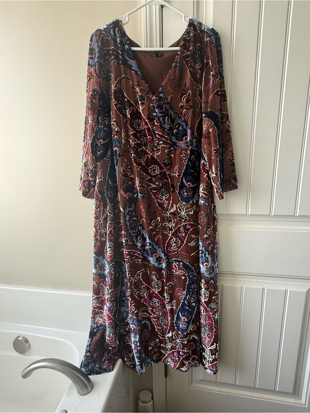 Talbots Brown Floral Velvet Burn Out Maxi Dress with Blue & Pink Accents